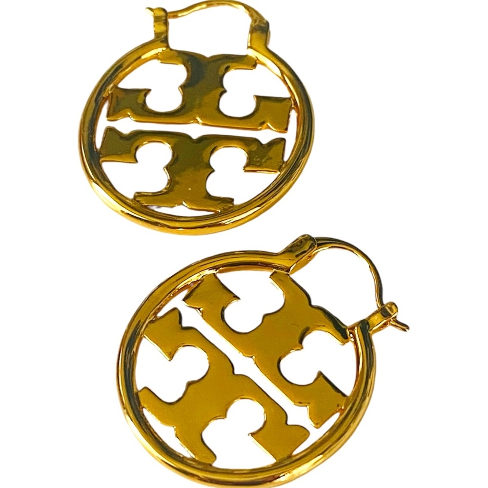 NEW Tory Burch Miller Polished Gold Logo Hoop Earrings